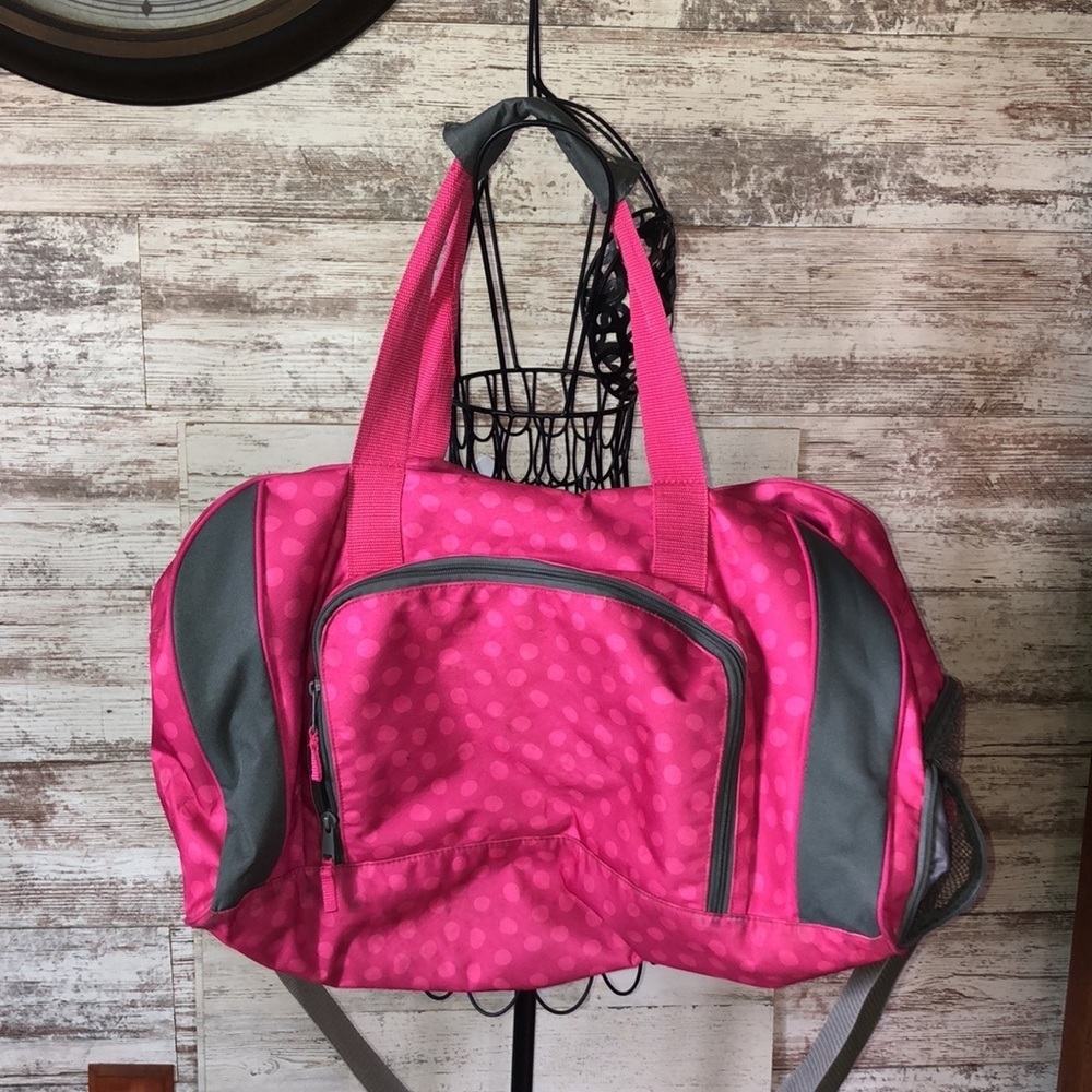 Thirty one duffel bag polka dot travel bag large thirty one bag pink and gray - Picture 3 of 15